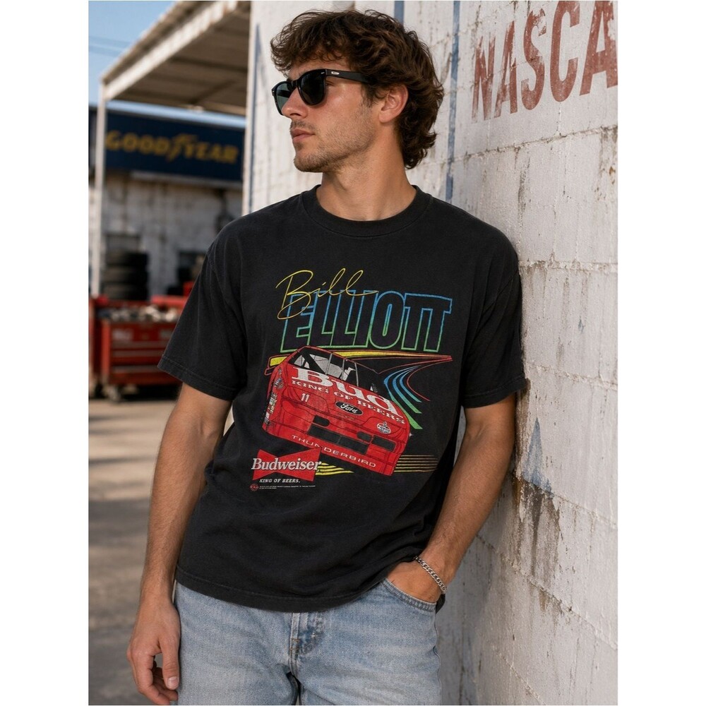 Vintage 1993 Bill Elliott NASCAR Budweiser ThunderBird T Shirt XXL USA Black